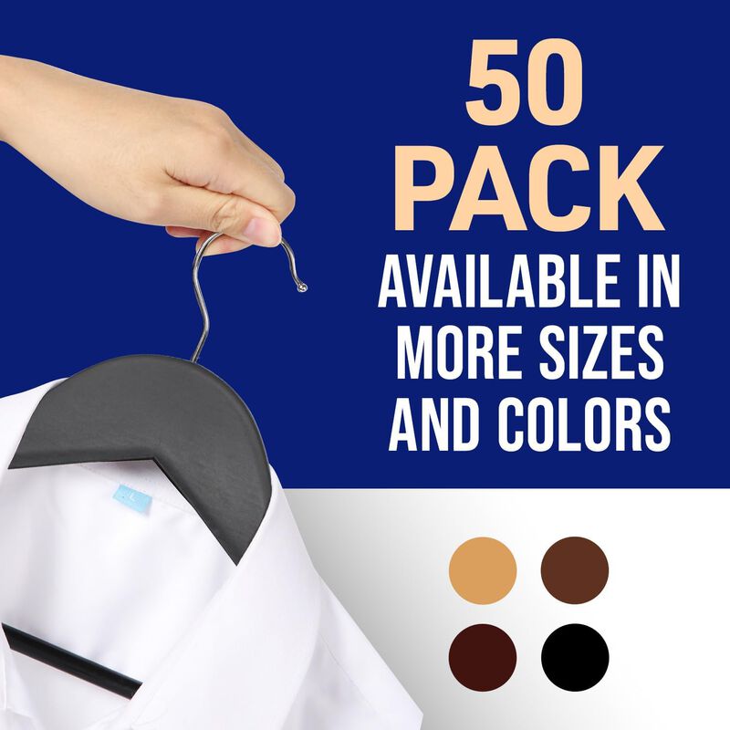 Lifemaster Wooden Clothes Hangers – With 360 Degree Swivel Hook and Non-Slip Shoulder Notch, Holds Up To 10 lbs, Pants Bar Design, For Organizing Suit, Dress, Coat, and Clothes, Pack of 50, Brown