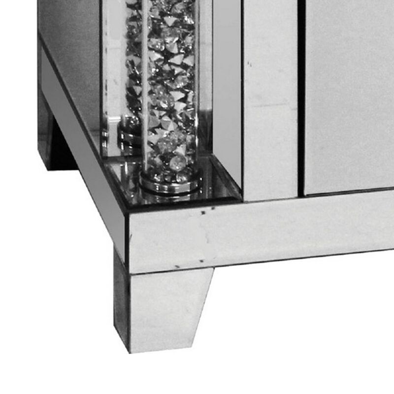 Noe 26 Inch 3 Drawer Accent Table Nightstand, Mirrored, Faux Diamond Inlay, Silver-Benzara
