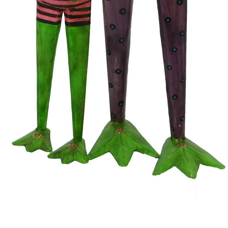 Rookie Outdoor Painted Frogs, Orange, Green, Brown Metal, 32 Inch - Benzara