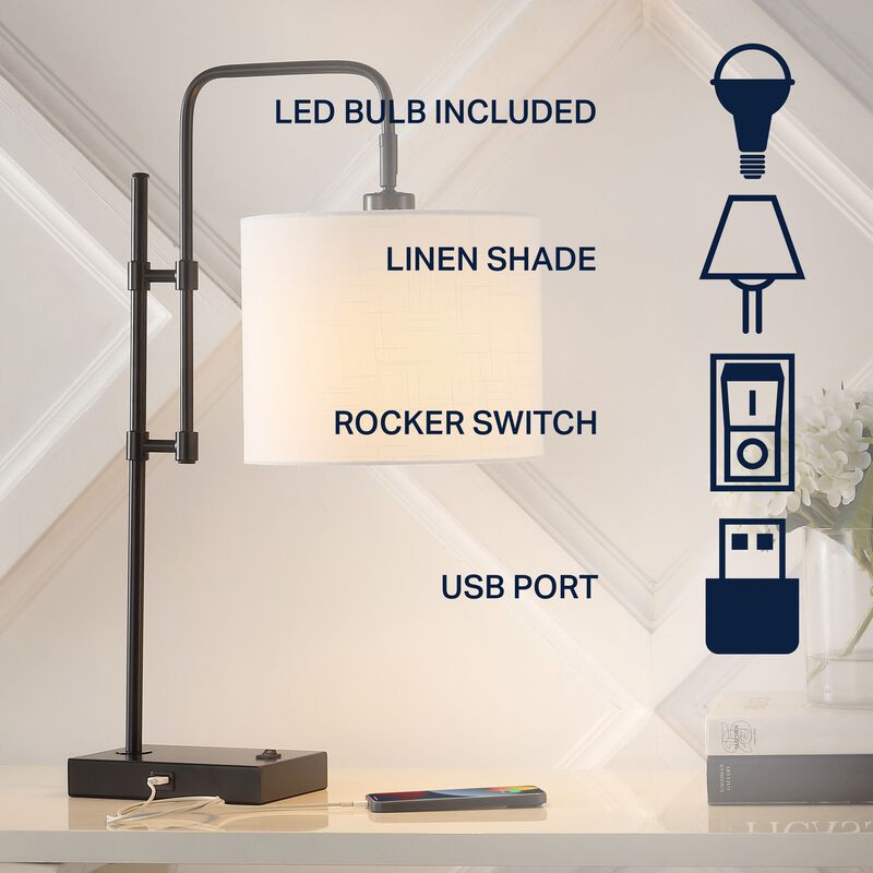 Edris Industrial Designer Metal LED Task Lamp with USB Charging Port