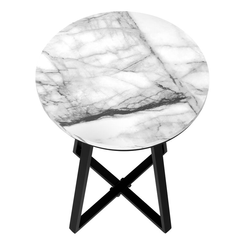 Monarch Specialties I 2178 Accent Table, Side, Round, End, Nightstand, Lamp, Living Room, Bedroom, Metal, Laminate, White Marble Look, Black, Contemporary, Modern