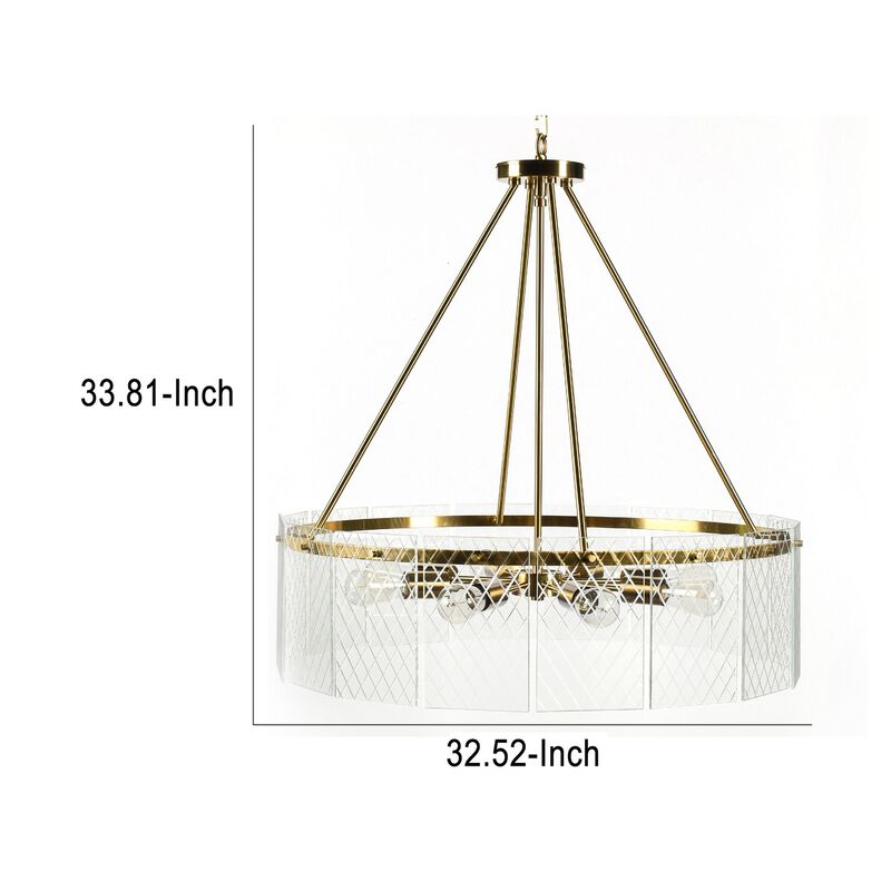 32 Inch Round 8 Light Chandelier, Diamond Lattice, Gold Iron, Clear Glass-Benzara