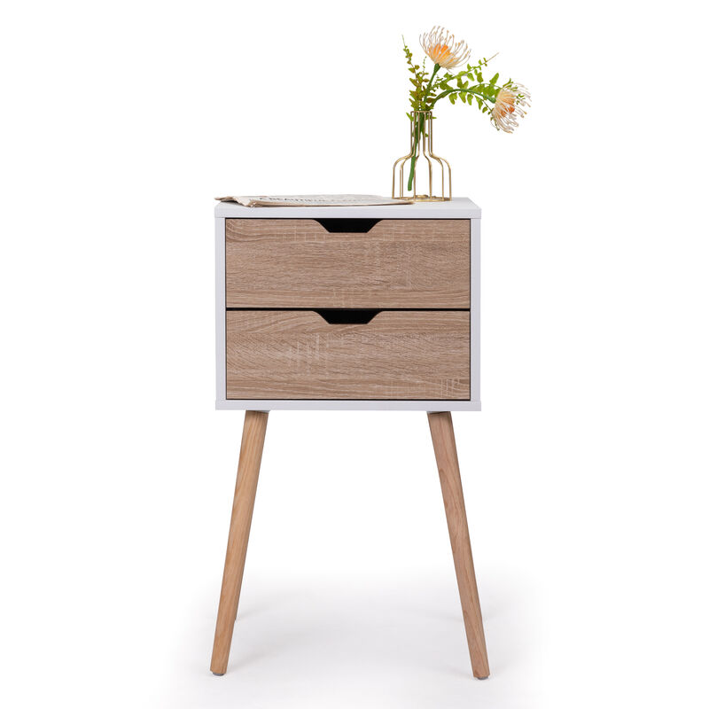 Streamdale 2-Drawer Nightstand with Solid Wood Legs, White/Walnut