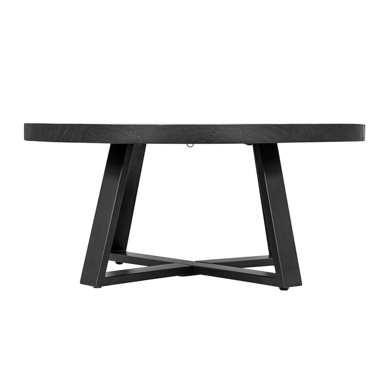 Benjara Raj 39 Inch Round Coffee Table, Cross Legs Design, Black Acacia Wood, Iron