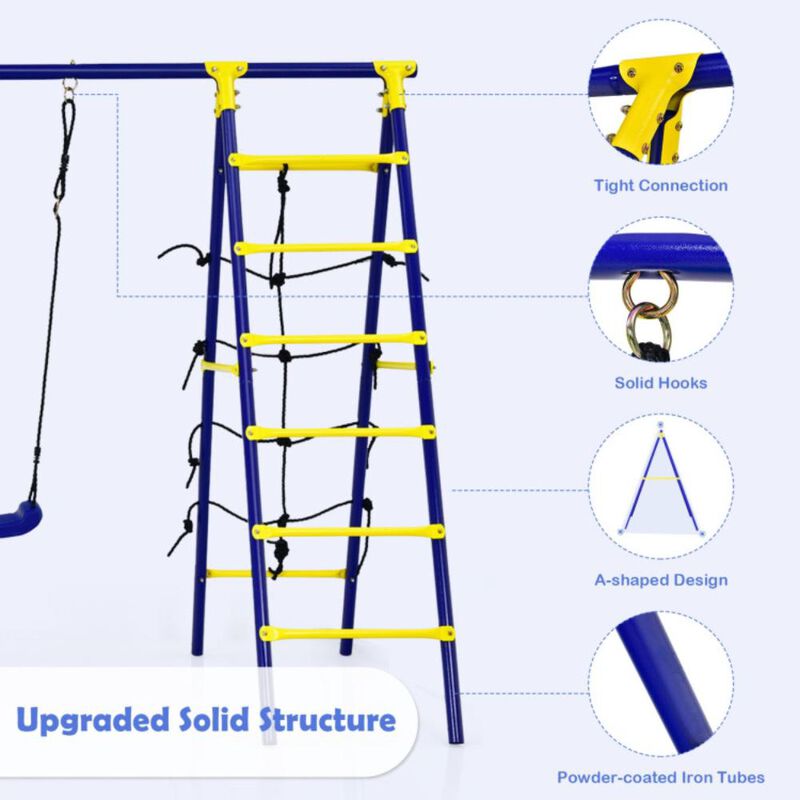 Hivvago 5-In-1 Outdoor Kids Swing Set with A-Shaped Metal Frame and Ground Stake