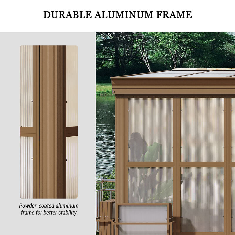 MONDAWE Aluminum Lean to Sunroom 12x16FT, Wall Mounted Solarium with Sloping Polycarbonate Roof and Screens, 2 Lockable Sliding Doors