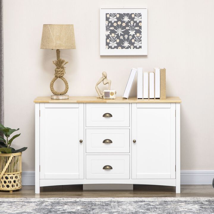 White Entryway Buffet: Cabinet with Drawers, Shelves & Rubber Wood Top