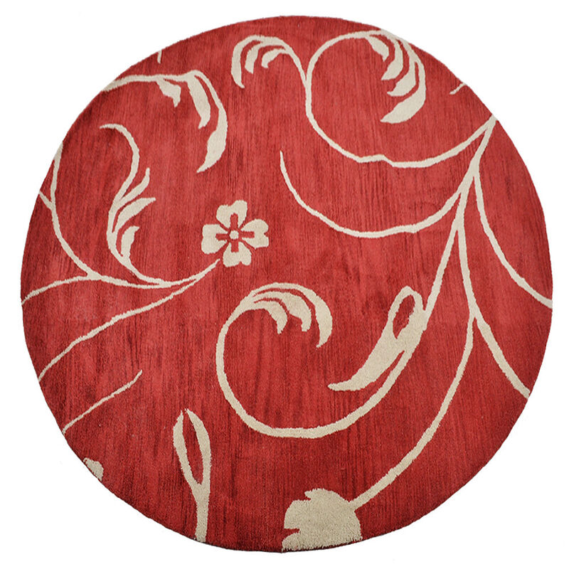 RUGSOTIC CARPETS HAND TUFTED WOOL ECO-FRIENDLY AREA RUGS  - 8'x8', Round Shape, Red & Beige, Floral Modern Design, High Pile Thick Handmade Anti Skid Area Rugs for Living Room, Bed Room (K00733)