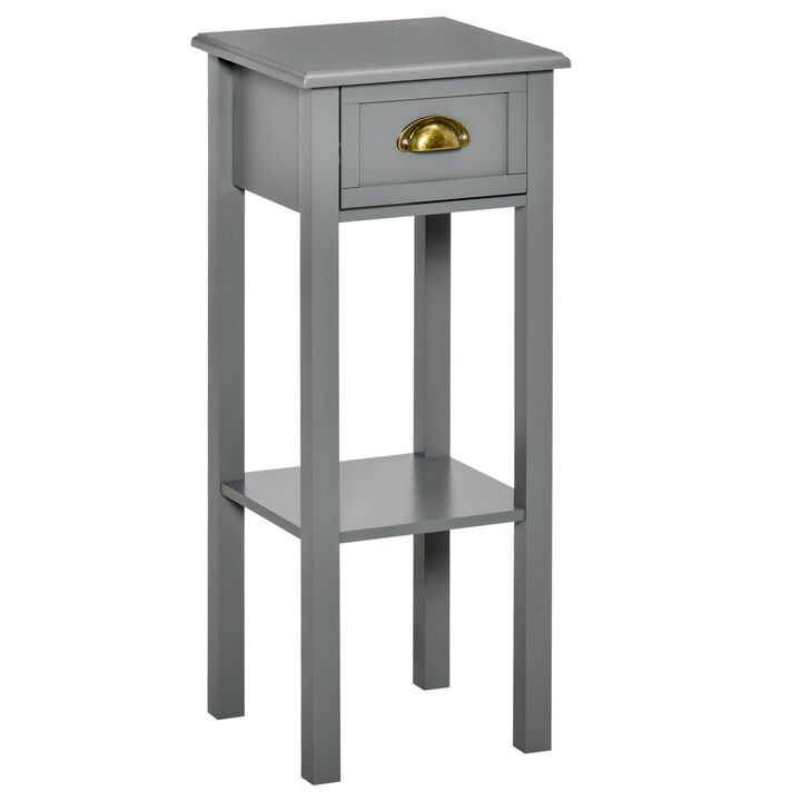 Gray Narrow Nightstand: 2-Tier Tall Side Table with Drawer and Shelf