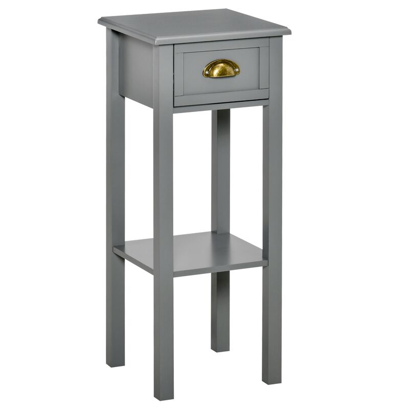 Gray Narrow Nightstand: 2-Tier Tall Side Table with Drawer and Shelf