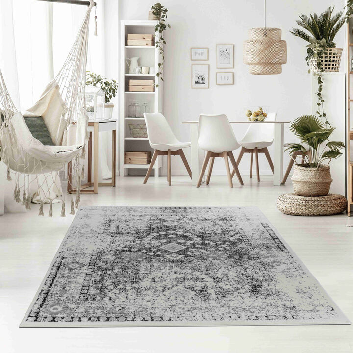 Sakarya Distressed Oriental Black Grey Indoor Area Rug