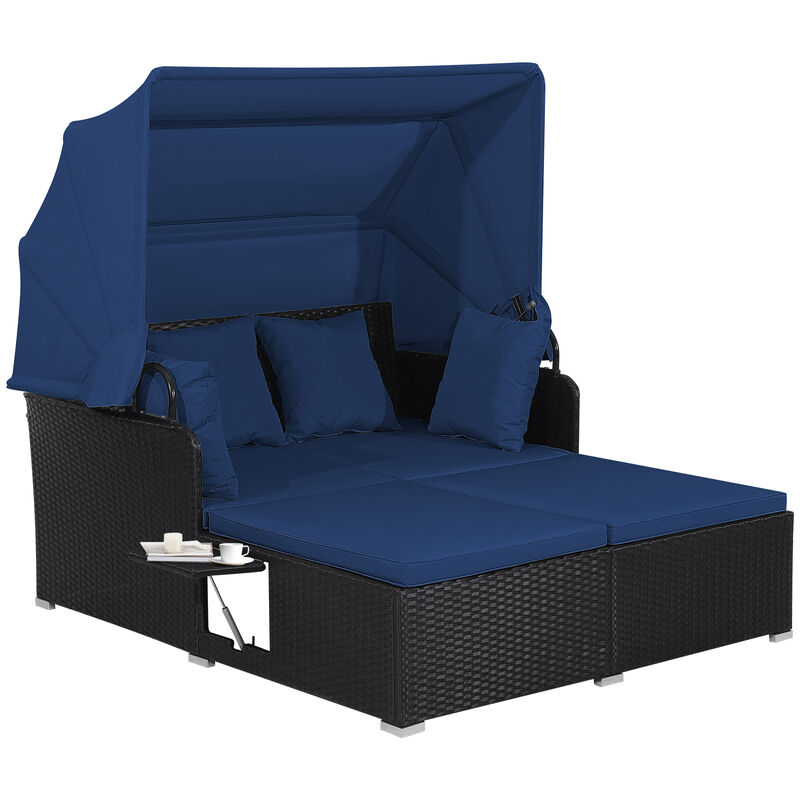 Patio Rattan Daybed with Retractable Canopy and Side Tables