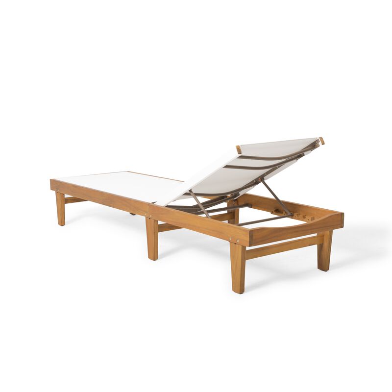 Liam Outdoor Chaise Lounger, Ergonomic White Mesh Seat, Brown Acacia Wood