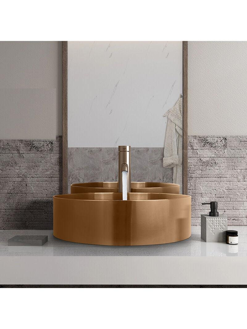 Stainless Steel Bathroom Sink with Mounting Ring & Pop-Up Drain Round Bowl Basin Rose Gold