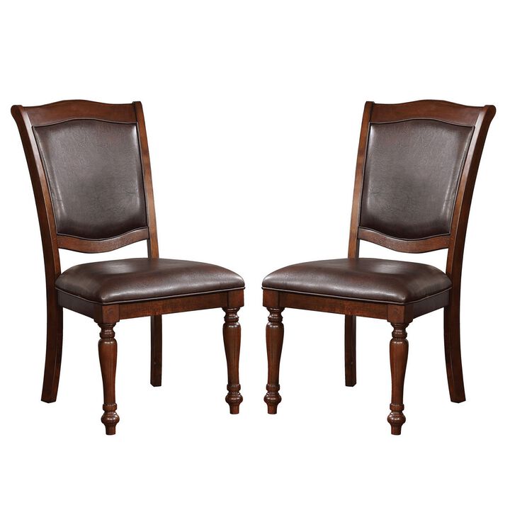 Wooden Side Chair with Leatherette Cushioned Seating, Brown, Set of 2-Benzara