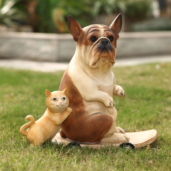 LuxenHome Kitten and Dog with Skateboard Sculpture Resin Statue, Indoor and Outdoor