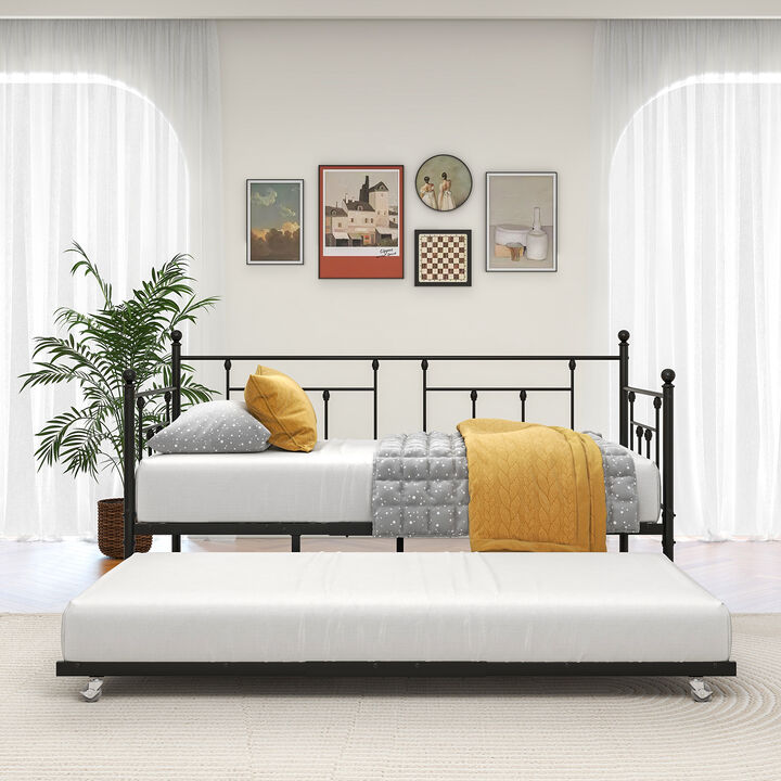 Hivvago Twin-Sized Full Metal Pull-Out Daybed Bedframe with Trundle No Box Spring