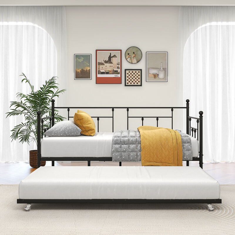 Hivvago Twin-Sized Full Metal Pull-Out Daybed Bedframe with Trundle No Box Spring