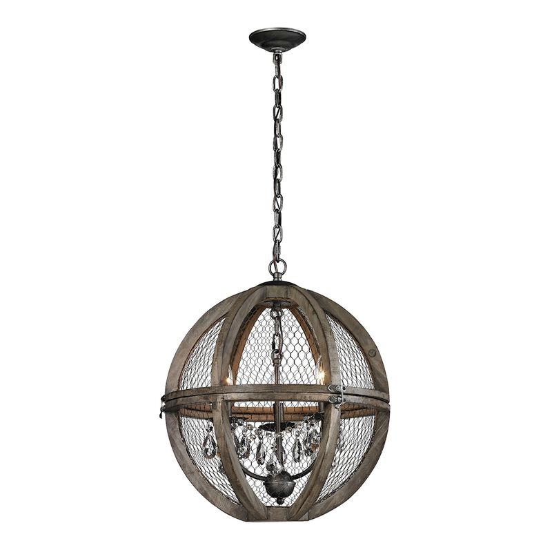 21" Aged Wood and Bronze Wired Mesh 3-Light Round Chandelier