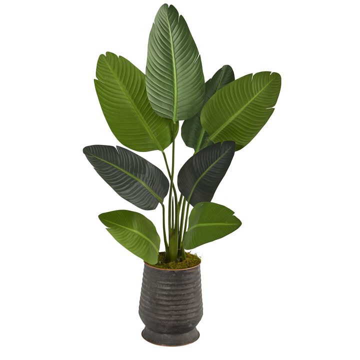 Nearly Natural 50-in Travelers Palm Artificial Tree in Ribbed Metal Planter