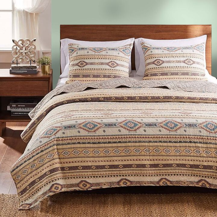 King Size 3 Piece Polyester Quilt Set with Kilim Pattern, Multicolor - Benzara