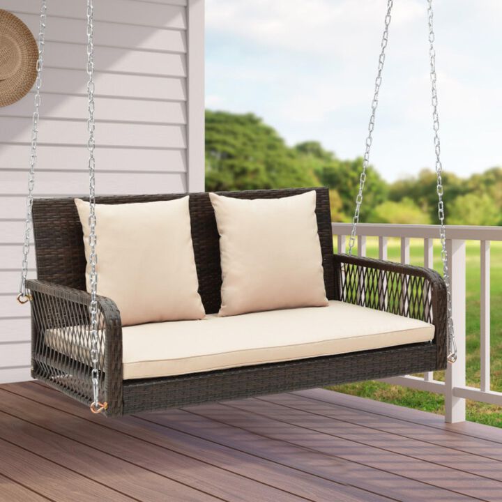 Hivvago 2-Person Outdoor Wicker Porch Swing with Seat and Back Cushions