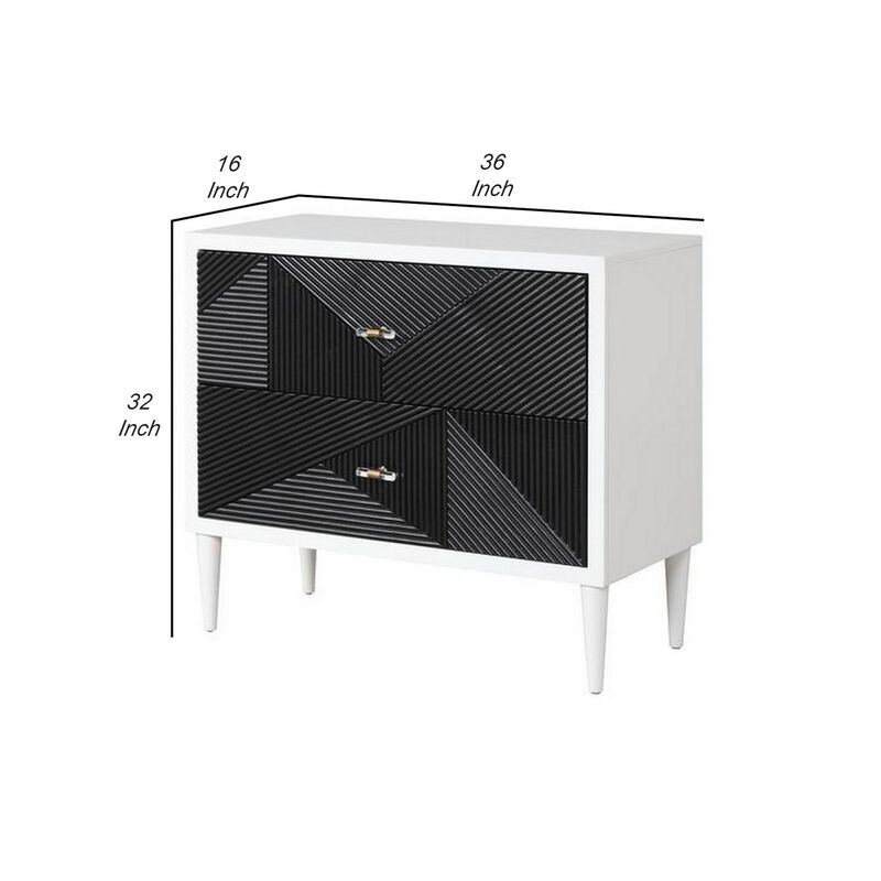 Accent table with Geometric Pattern 2 Drawer Front, Black and White-Benzara