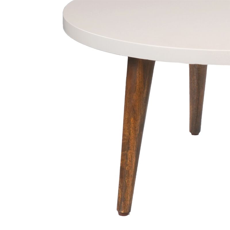 24 Inch Modern Coffee Table, Round Off White MDF Top, Tapered Brown Mango Wood Legs-Benzara