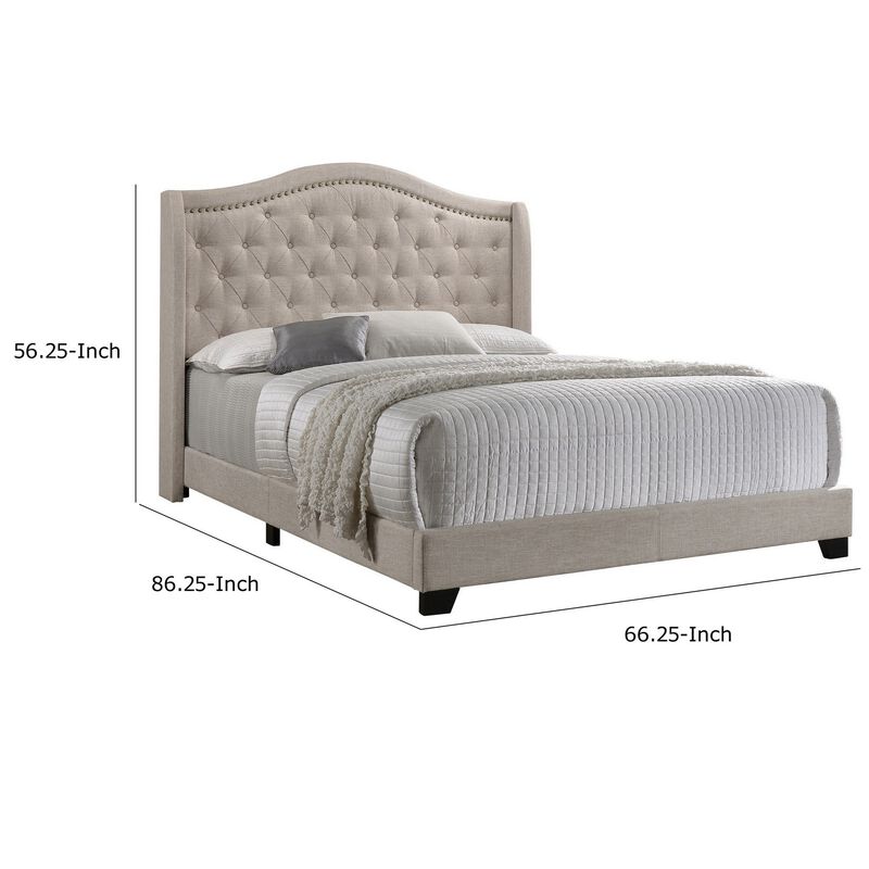 Queen Size Bed, Beige Fabric Upholstered, Camel Back, Button Tufted-Benzara