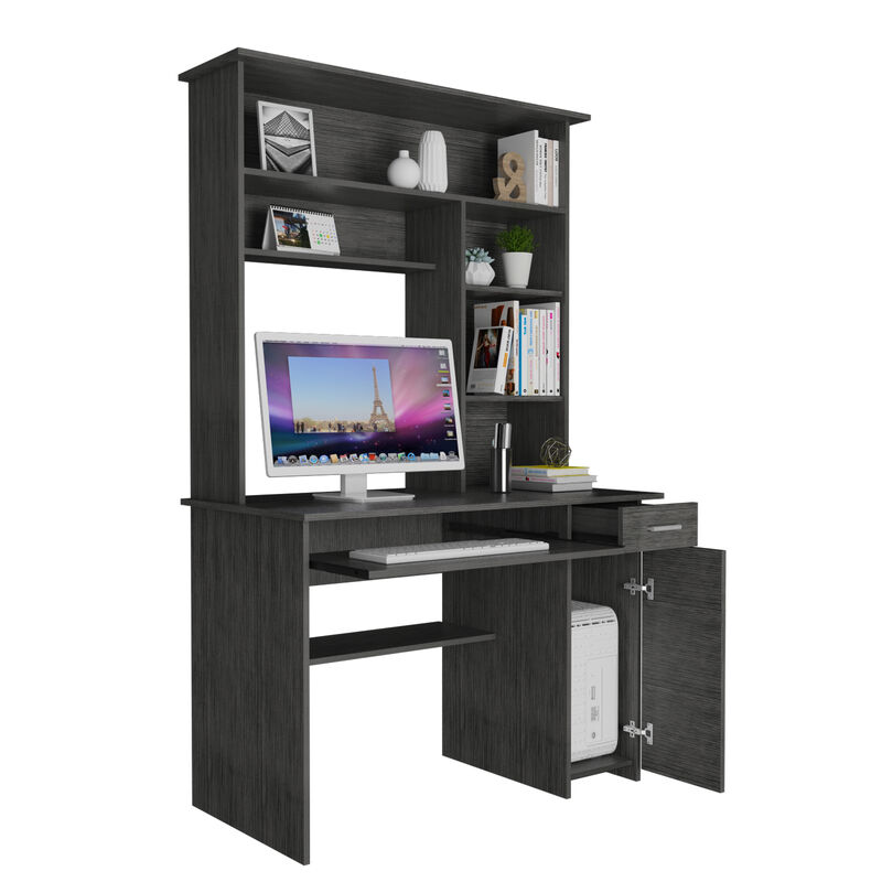 DEPOT E-SHOP Xalo 180 Compu Hutch Desk, Keyboard Tray, Door Panel For CPU, Multiple Shelves, One Drawer, Smokey Oak