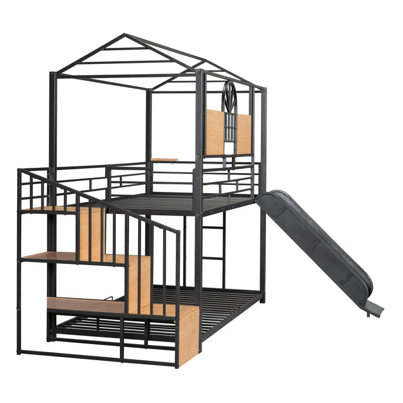 Twin Over Twin Metal Bunk Bed, Metal Housebed With Slide And Storage Stair Withslide