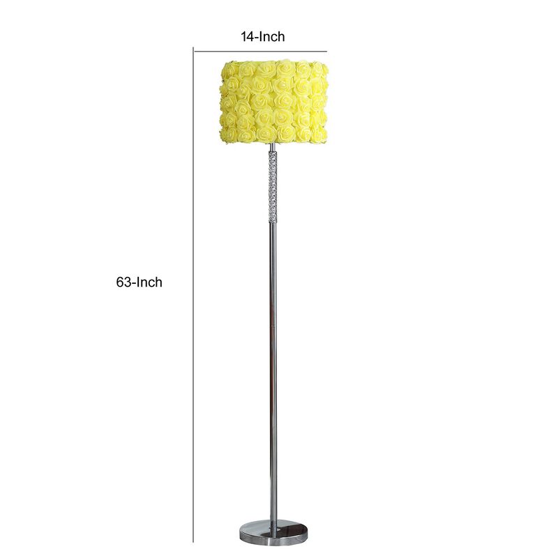 Finn 63 Inch Glamorous Floor Lamp, Rose Accent Shade, 100W, Yellow, Silver-Benzara