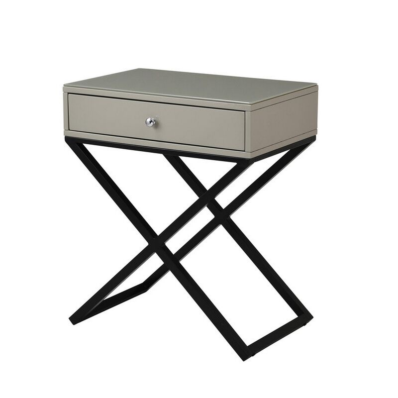 Zeno 27 Inch 1 Drawer Nightstand, Glass Top, Black Metal Cross Legs, Taupe-Benzara
