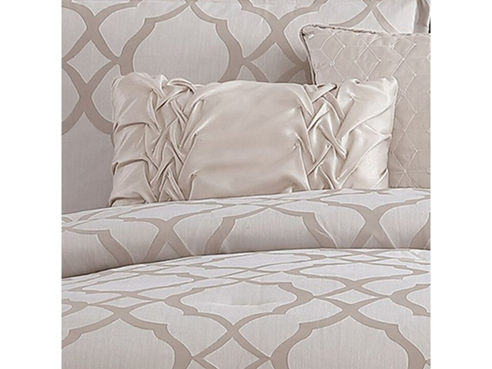 9pc Queen Size Comforter Set with Quatrefoil Prints, White Polyester - Benzara