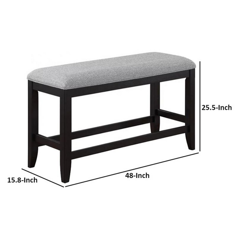 Patricia 48 Inch Counter Height Dining Bench, Black Wood and Gray Fabric - Benzara
