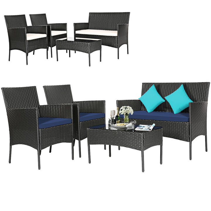 4 Pieces Patio Rattan Cushioned Sofa Set with Tempered Glass Coffee Table-Navy & Off White