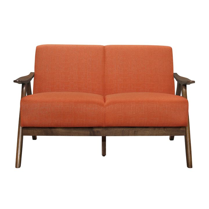 Indy 51 Inch Loveseat, Brown Wood Angled Frame, Textured Orange Fabric - Benzara
