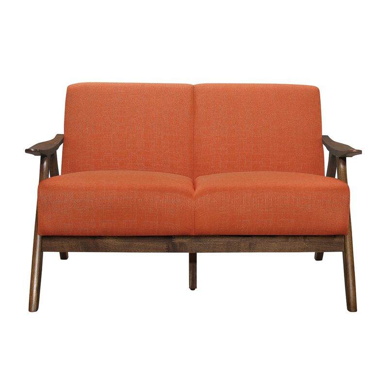Indy 51 Inch Loveseat, Brown Wood Angled Frame, Textured Orange Fabric - Benzara