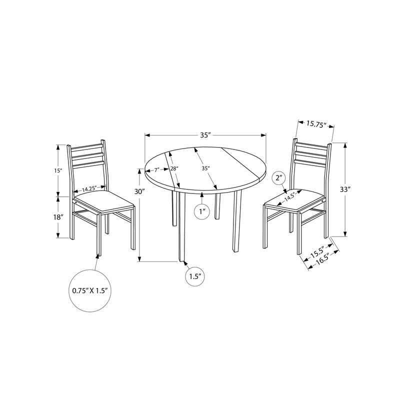 Monarch Specialties I 1003 Dining Table Set, 3pcs Set, Small, 35" Drop Leaf, Kitchen, Metal, Laminate, Brown, Black, Contemporary, Modern