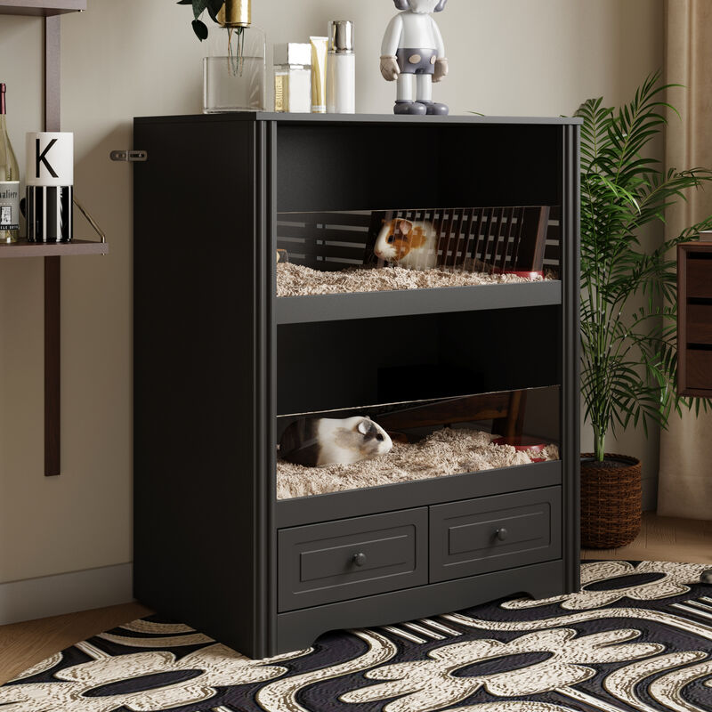FUFU&GAGA Hamster Cage – Modern Small Animal Habitat, Stylish and Spacious Design with Storage for Accessories, (31.5" L x 19.7" W x 39.4" H), Black