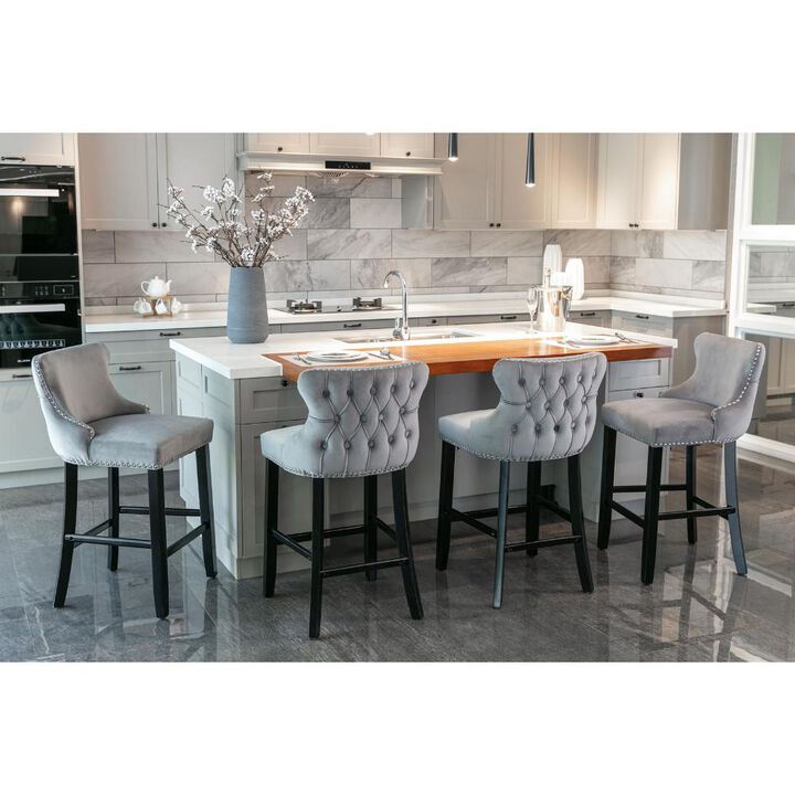 Upholstered Wingback Barstools Button-Tufted Counter Chairs with Wooden Legs for Kitchen & Bar