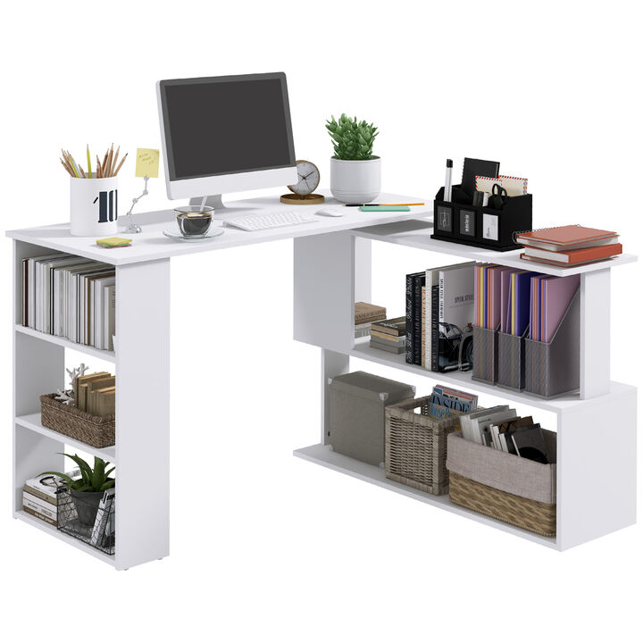 HOMCOM L Shaped Corner Desk, 360 Degree Rotating Home Office Desk with Storage Shelves, Writing Table Workstation, White