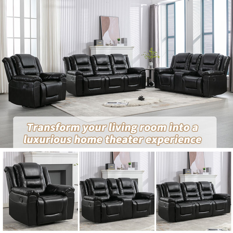 3 Seater Home Theater Recliner Manual Recliner Chair with Two Built-in Cup Holders for Living Room,Bedroom, Grey