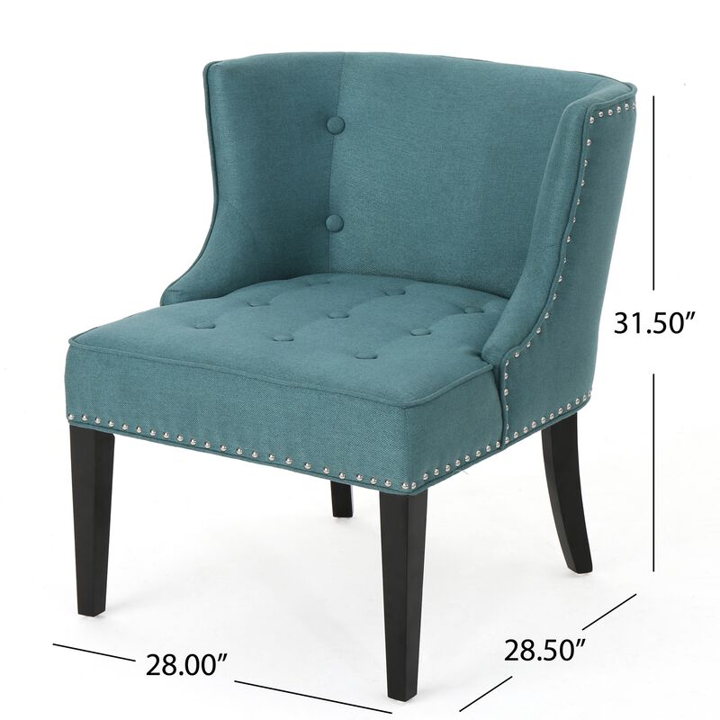 Samuel Accent Chair, Button Tufted Waffle Stitch Teal Fabric, Brown Wood - Benzara
