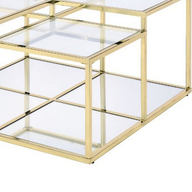 Coffee Table with Glass Top and Tubular Frame, Gold-Benzara