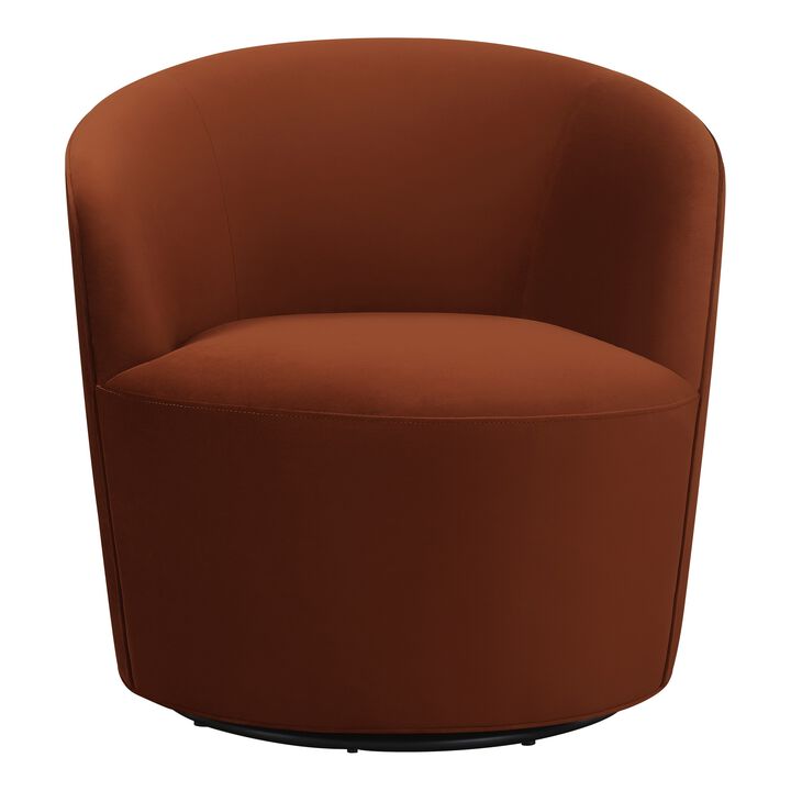 30 Inch Swivel Accent Chair, Padded Barrel Style, Burnished Orange Velvet-Benzara
