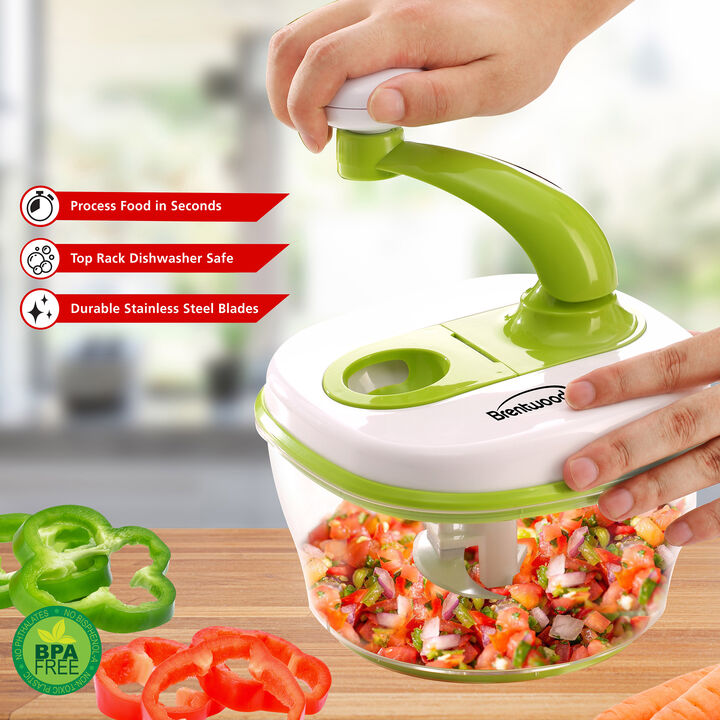 Brentwood 8 Cup Hand Crank Food Processor with Stainless Steel Blades and Paddle Mixer in Green