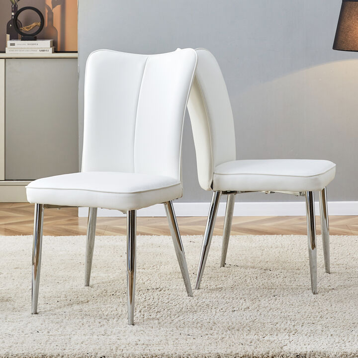 Modern minimalist dining chairs, office chairs. 2piece set of white PU seats with silver metal legs. Suitable for restaurants, living rooms, and offices. C008