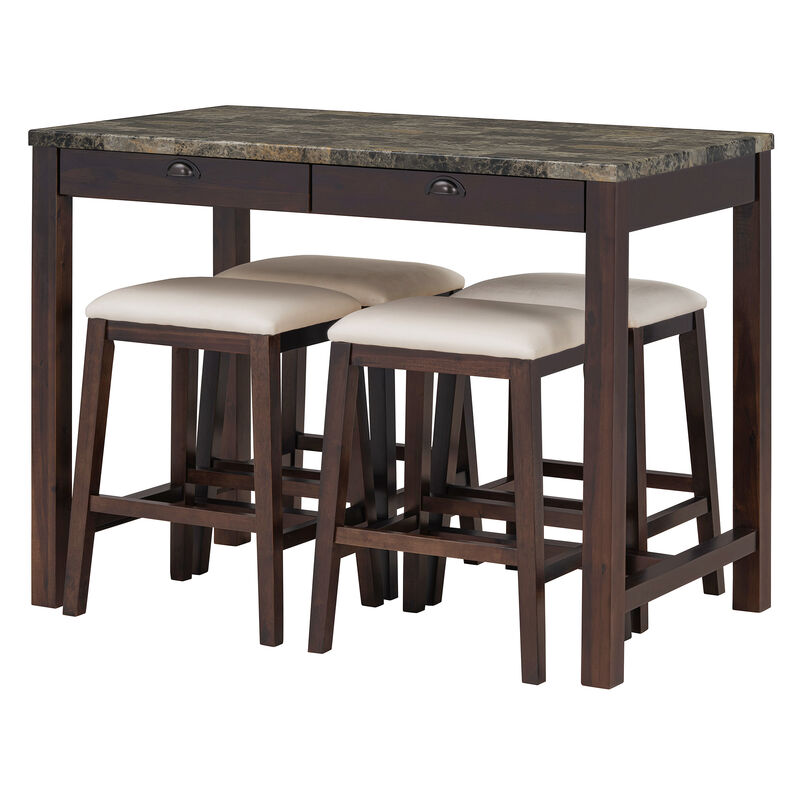 Merax 5-Piece Modern Faux Marble  Bar Table Dining Set