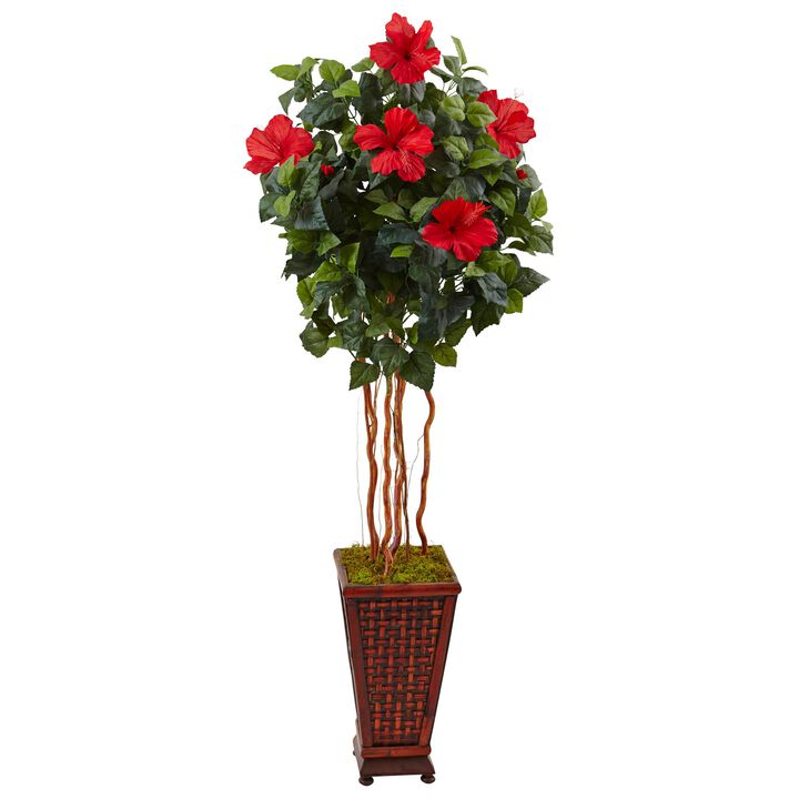 Hivvago 5 Feet Hibiscus Tree in Decorated Wooden Planter